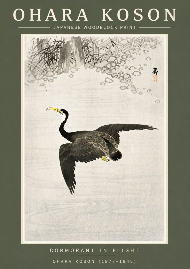 Ohara Koson Cormorant in Flight No4 - Plakát