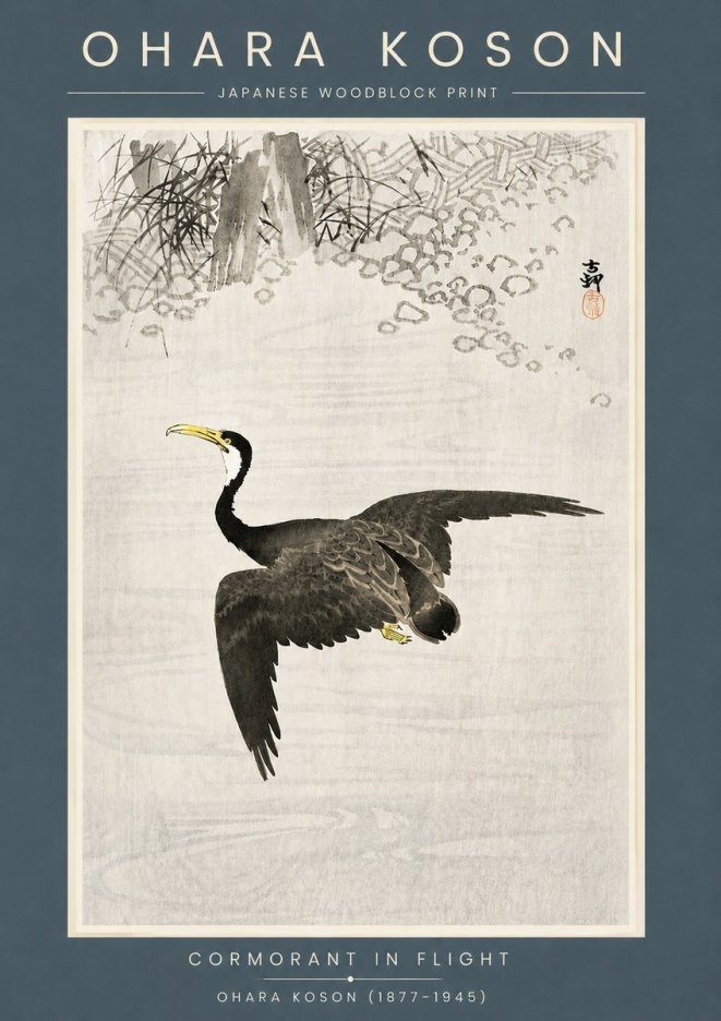 Ohara Koson Cormorant in Flight No6 - Plakát