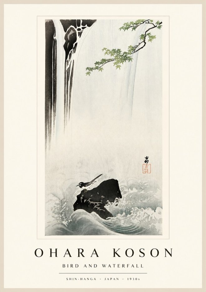 Ohara Koson Bird and Waterfall No1 - Plakát