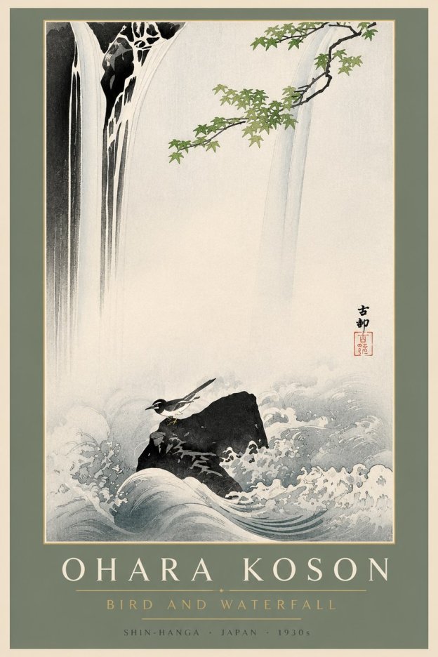 Ohara Koson Bird and Waterfall No2 - Plakát