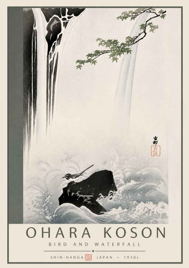 Ohara Koson Bird and Waterfall No3 - Plakát