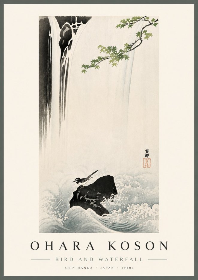 Ohara Koson Bird and Waterfall No4 - Plakát
