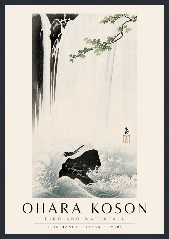 Ohara Koson Bird and Waterfall No5 - Plakát