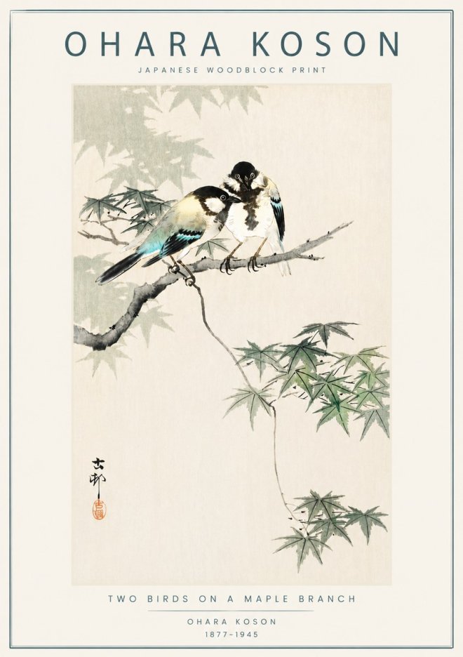 Ohara Koson Two Birds on a Maple Branch No6 - Plakát