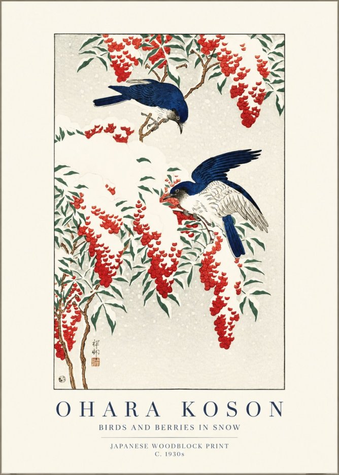 Ohara Koson Birds and Berries in Snow No1 - Plakát