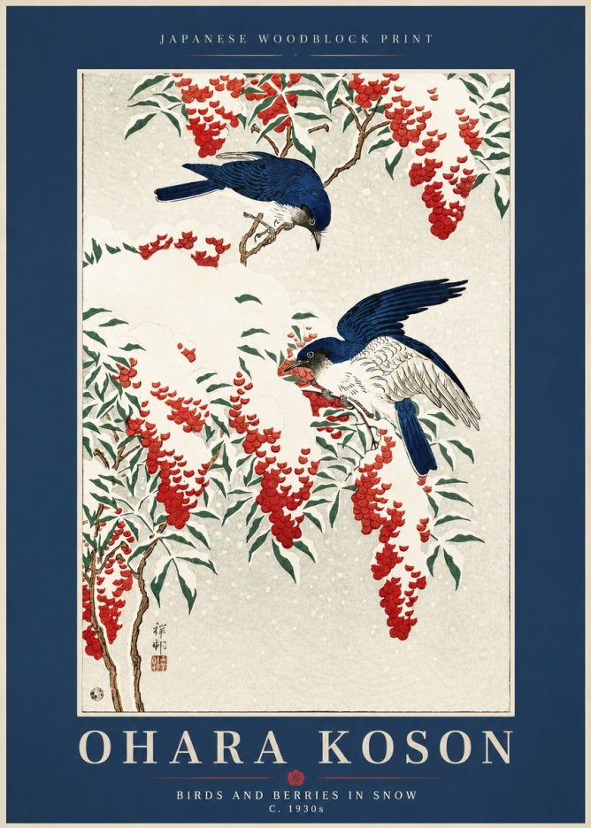 Ohara Koson Birds and Berries in Snow No2 - Plakát