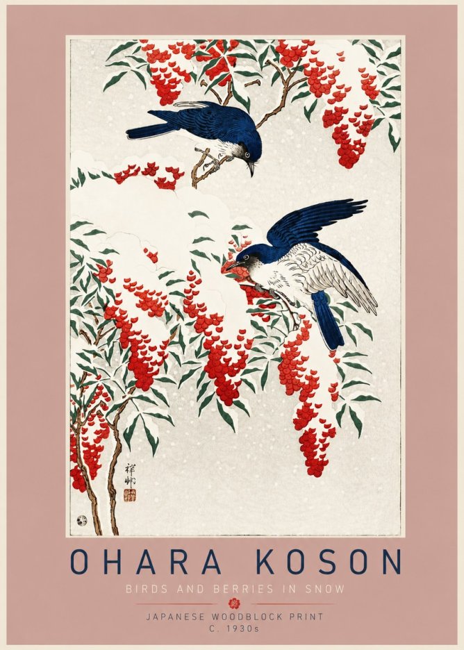 Ohara Koson Birds and Berries in Snow No4 - Plakát