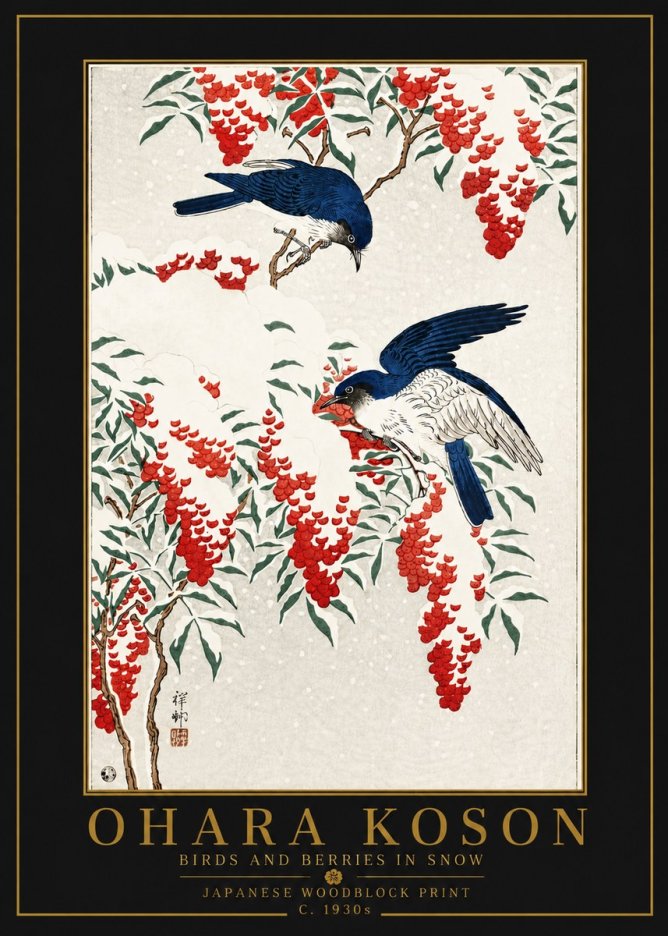 Ohara Koson Birds and Berries in Snow No6 - Plakát