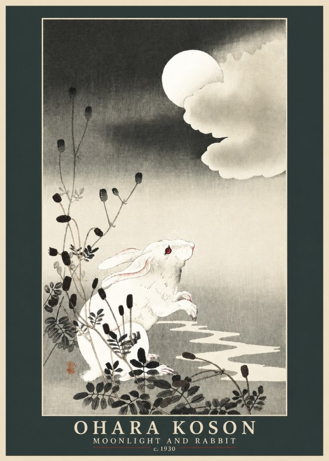 Ohara Koson Moonlight and Rabbit No3 - Plakát