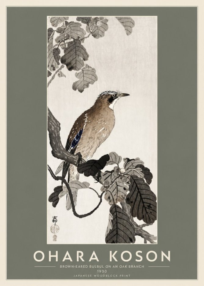 Ohara Koson Brown-eared Bulbul on an Oak Branch No2 - Plakát