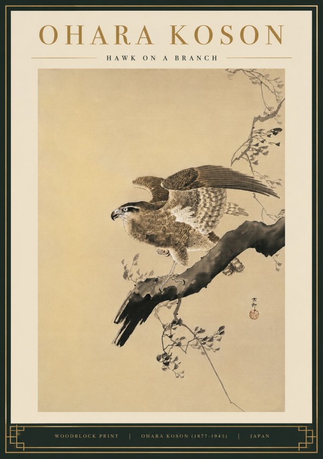 Ohara Koson Hawk on a Branch I No5 - Plakát