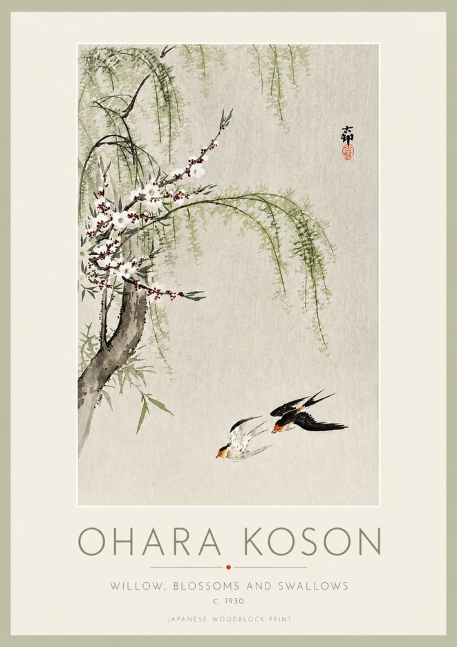 Ohara Koson Willow, Blossoms and Swallows No3 - Plakát