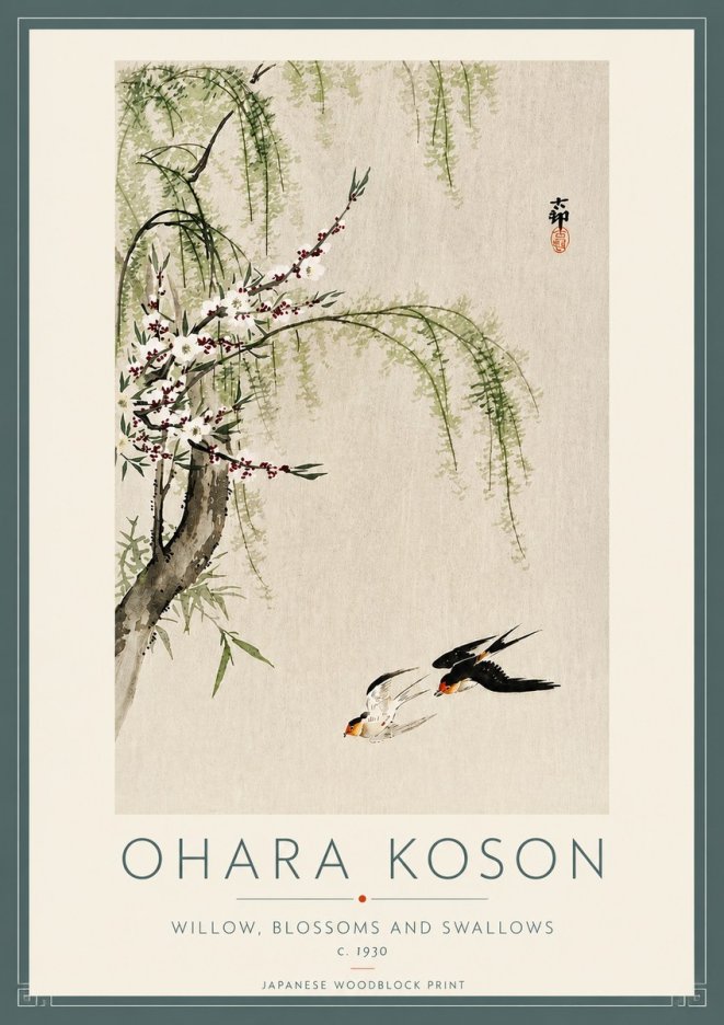 Ohara Koson Willow, Blossoms and Swallows No4 - Plakát