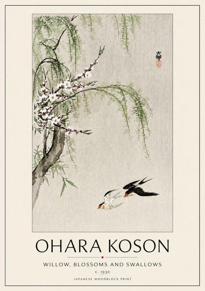 Ohara Koson Willow, Blossoms and Swallows No5 - Plakát