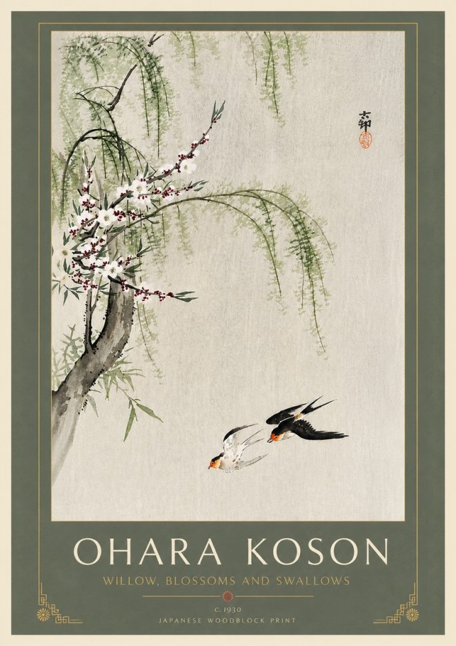 Ohara Koson Willow, Blossoms and Swallows No6 - Plakát