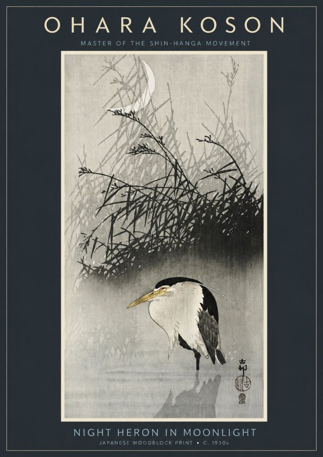 Ohara Koson Night Heron in Moonlight No2 - Plakát