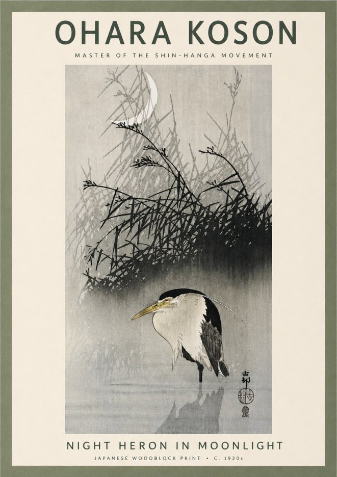 Ohara Koson Night Heron in Moonlight No4 - Plakát