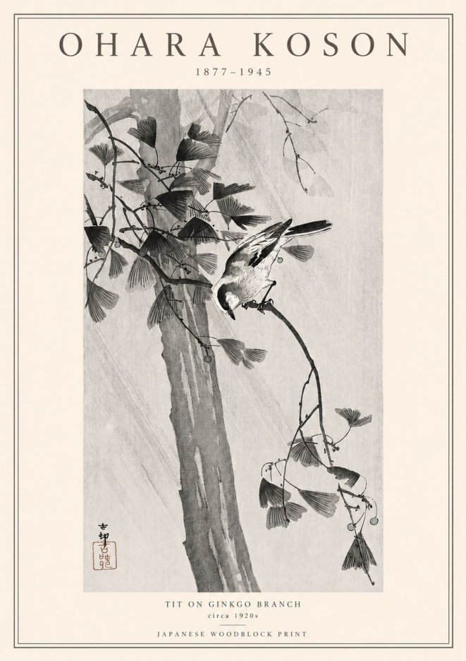 Ohara Koson Tit on Ginkgo Branch No3 - Plakát