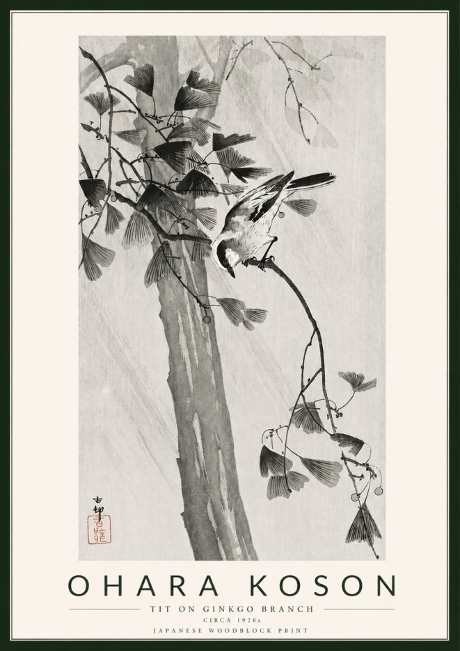 Ohara Koson Tit on Ginkgo Branch No5 - Plakát