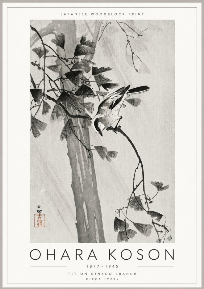 Ohara Koson Tit on Ginkgo Branch No6 - Plakát