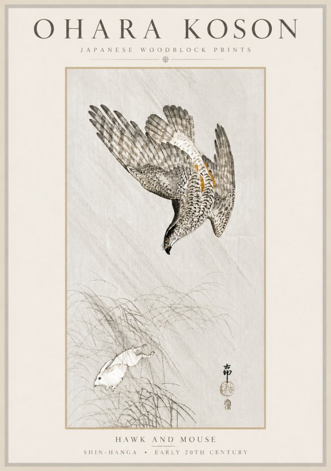 Ohara Koson Hawk and Mouse No6 - Plakát