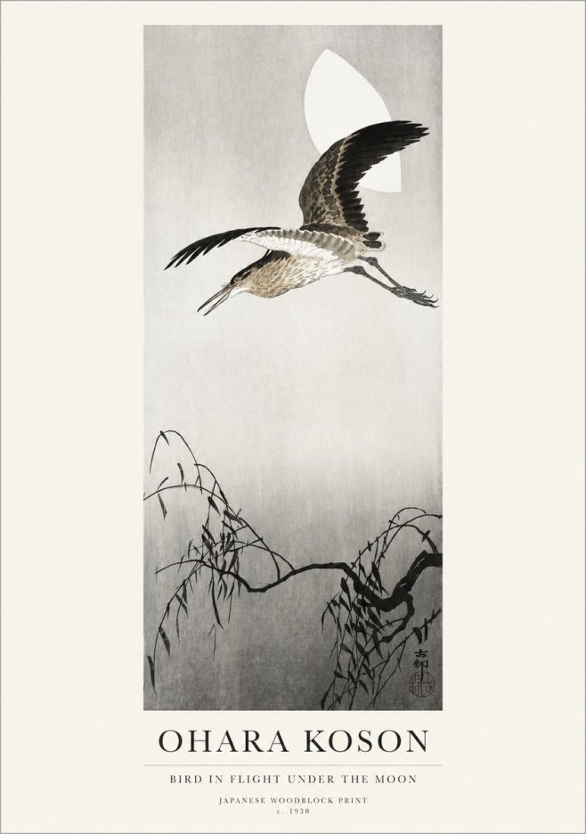 Ohara Koson Bird in Flight Under the Moon No1 - Plakát