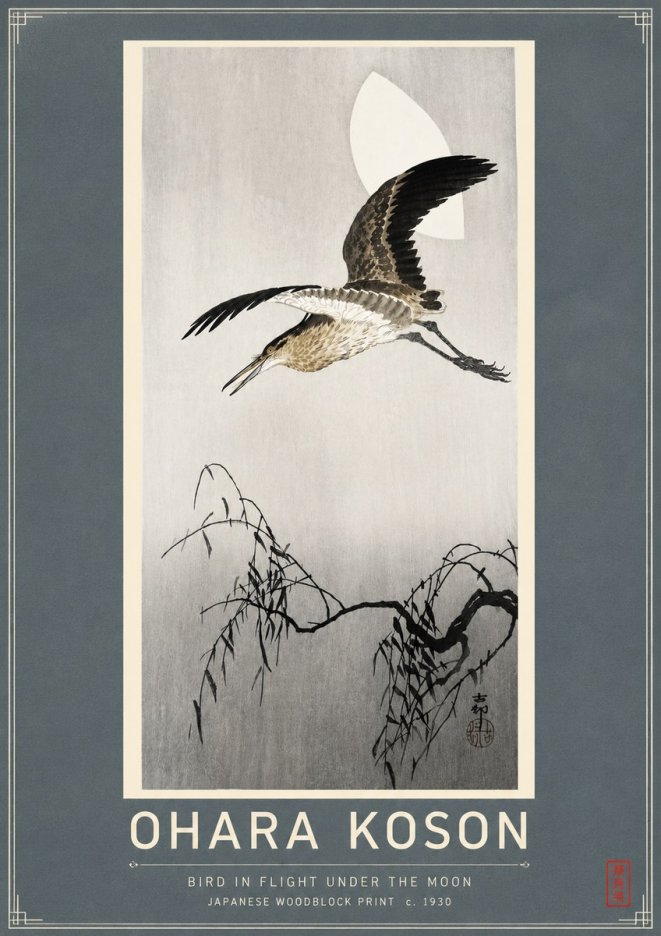 Ohara Koson Bird in Flight Under the Moon No4 - Plakát