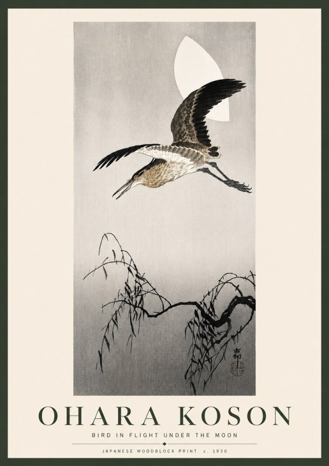 Ohara Koson Bird in Flight Under the Moon No5 - Plakát