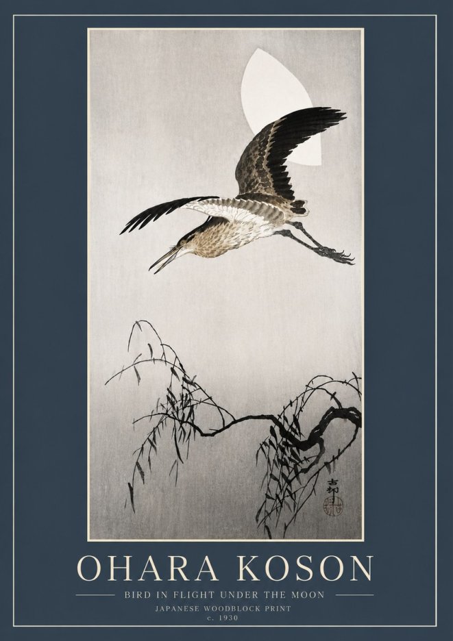 Ohara Koson Bird in Flight Under the Moon No6 - Plakát