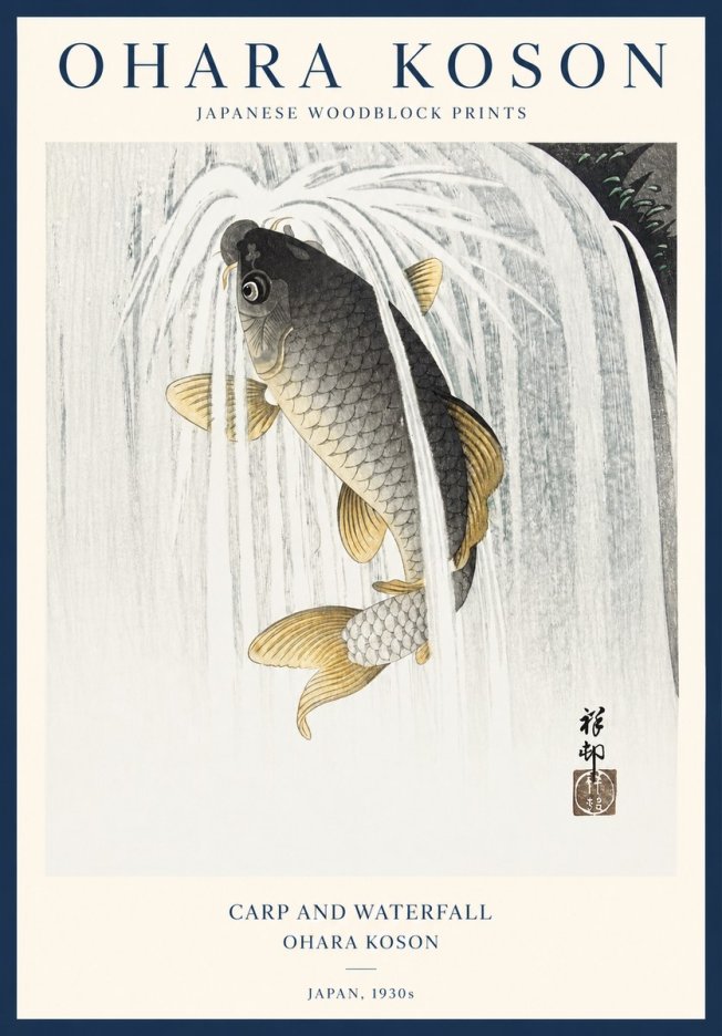 Ohara Koson Carp and Waterfall No1 - Plakát