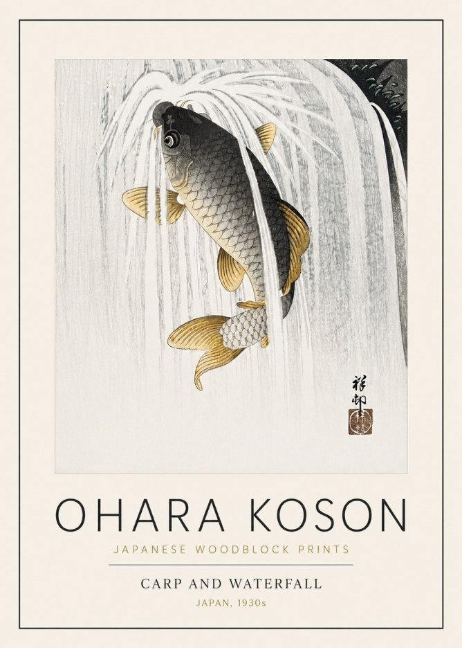 Ohara Koson Carp and Waterfall No3 - Plakát