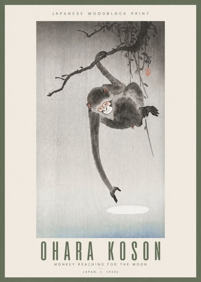 Ohara Koson Monkey Reaching for the Moon No3 - Plakát
