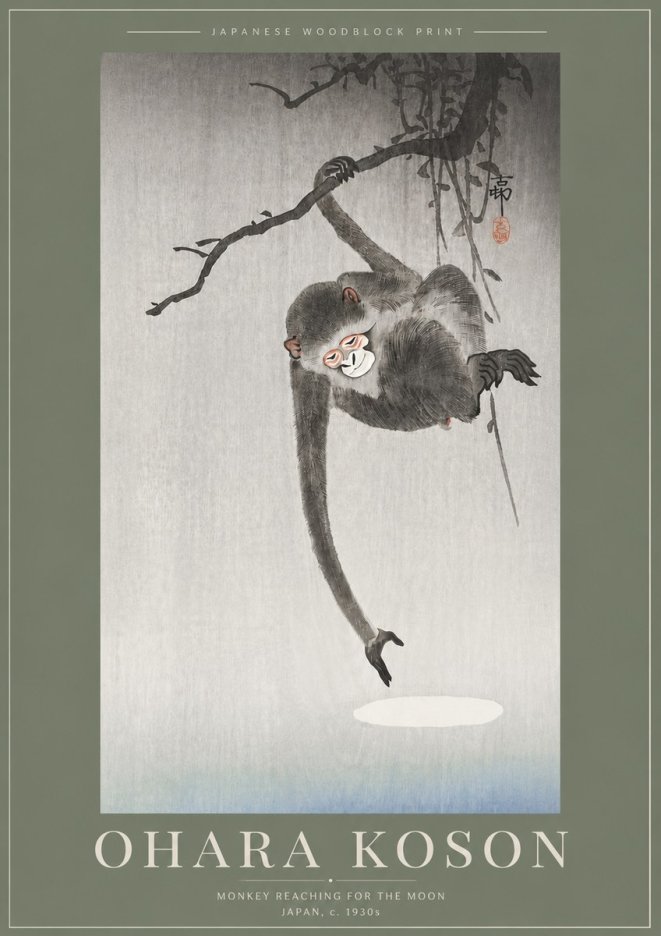 Ohara Koson Monkey Reaching for the Moon No5 - Plakát