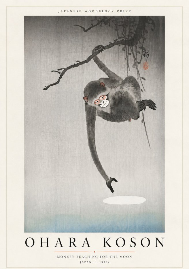 Ohara Koson Monkey Reaching for the Moon No6 - Plakát