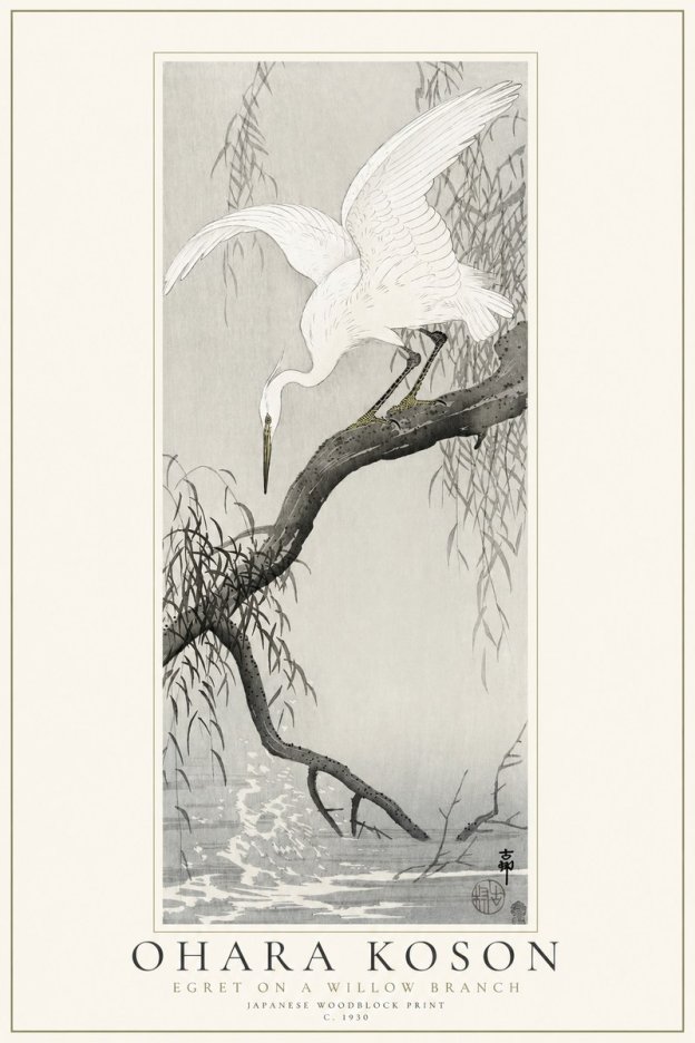 Ohara Koson Egret on a Willow Branch No1 - Plakát