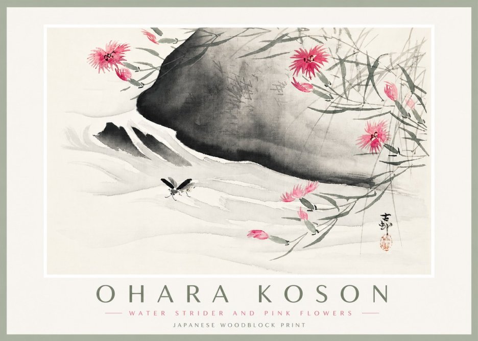 Ohara Koson Water Strider and Pink Flowers No4 - Plakát