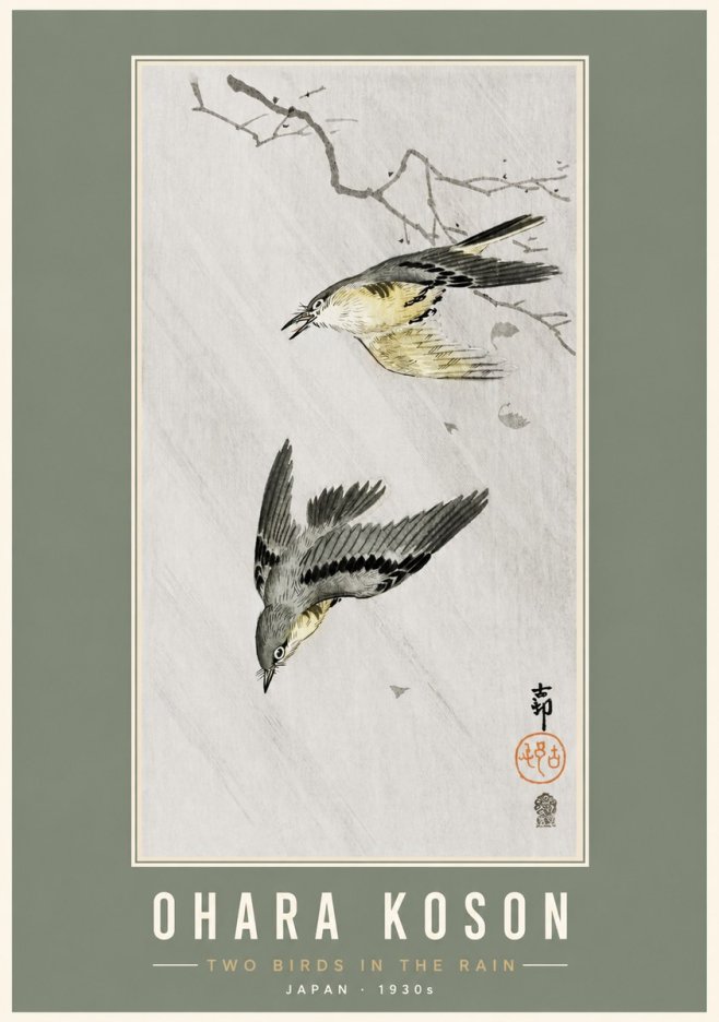 Ohara Koson Two Birds in the Rain No3 - Plakát