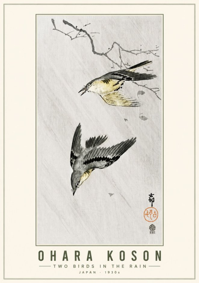 Ohara Koson Two Birds in the Rain No5 - Plakát