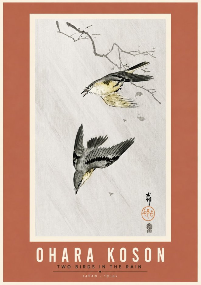Ohara Koson Two Birds in the Rain No6 - Plakát