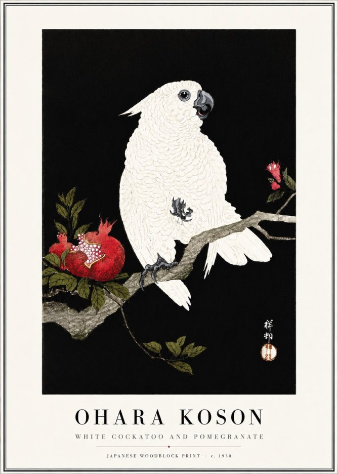 Ohara Koson White Cockatoo and Pomegranate I No4 - Plakát
