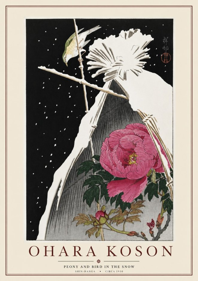 Ohara Koson Peony and Bird in the Snow No3 - Plakát