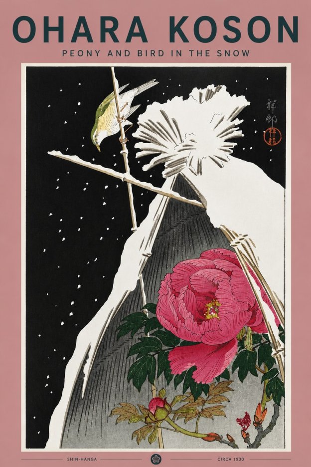 Ohara Koson Peony and Bird in the Snow No5 - Plakát