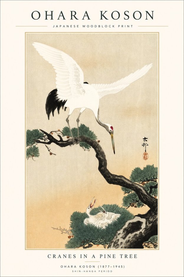 Ohara Koson Cranes in Pine No2 - Plakát