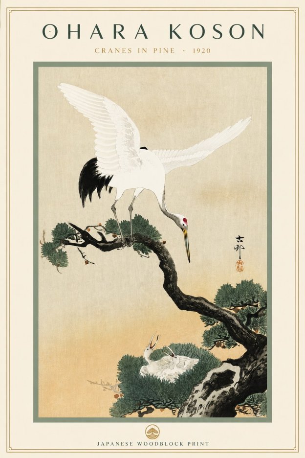 Ohara Koson Cranes in Pine No3 - Plakát