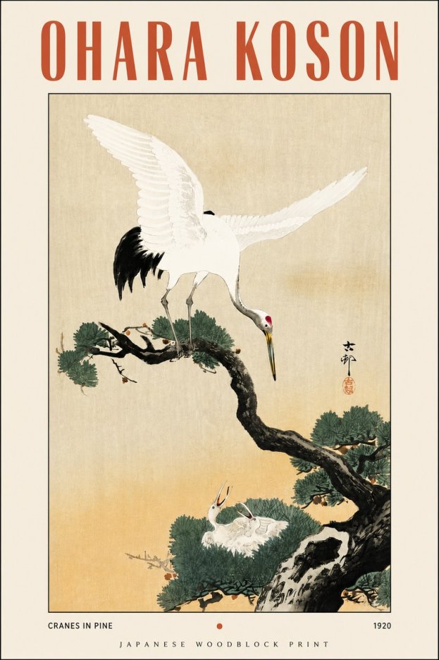 Ohara Koson Cranes in Pine No5 - Plakát
