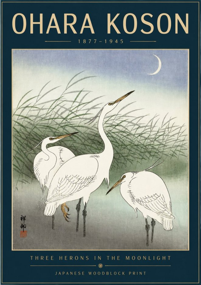 Ohara Koson Three Herons in the Moonlight No2 - Plakát