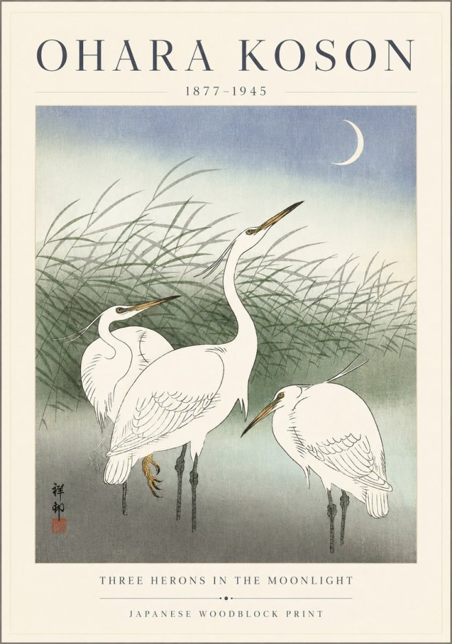 Ohara Koson Three Herons in the Moonlight No3 - Plakát