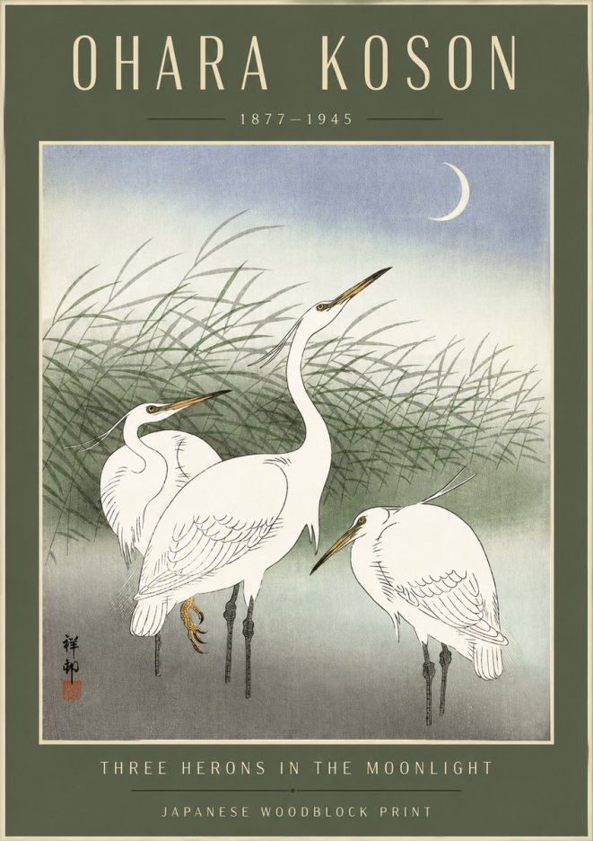 Ohara Koson Three Herons in the Moonlight No4 - Plakát