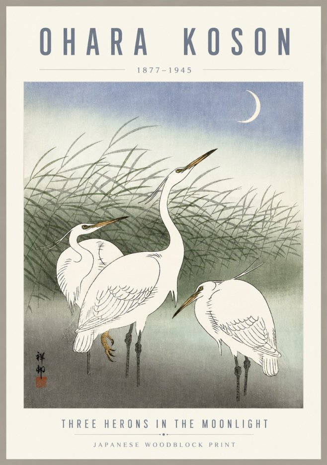 Ohara Koson Three Herons in the Moonlight No5 - Plakát
