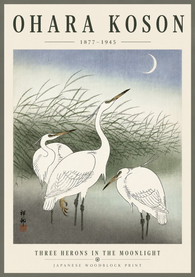 Ohara Koson Three Herons in the Moonlight No6 - Plakát